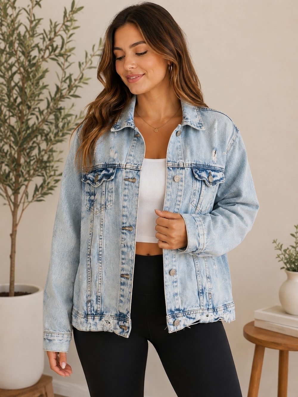 Light Wash Distressed Denim Jacket - Women's Casual Jacket
